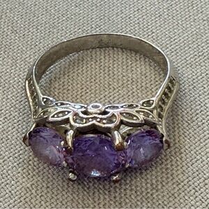 Vintage Style Purple Three-Stone Ring Silver Tone Floral Filigree